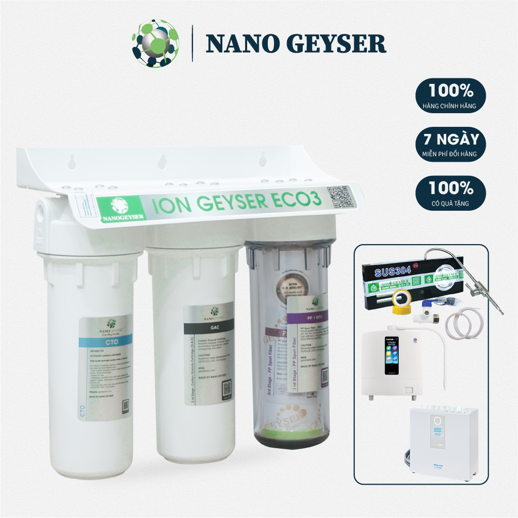 Bộ tiền xử lý Ion Geyser Eco 3 Nano Geyser 3 cấp cho máy Ion kiềm, Bảo hành 60 tháng, lắp đặt miẽn phí