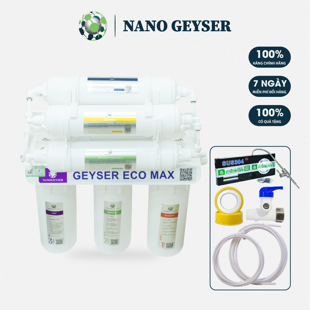 Máy lọc nước Nano Geyser Eco Max 7 cấp không điện, không nước thải tăng cường diệt khuẩn và loại bỏ nước cứng