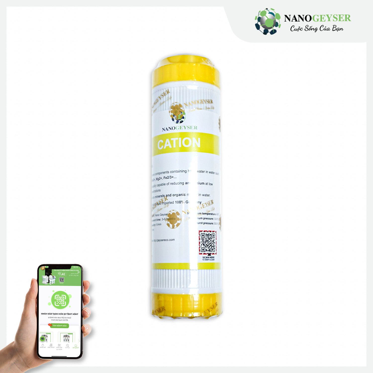 Lõi Cation Nano Geyser Loại bỏ thành phần chứa nước cứng trong nước như Mn2+, Mg2+, Fe2/3+.