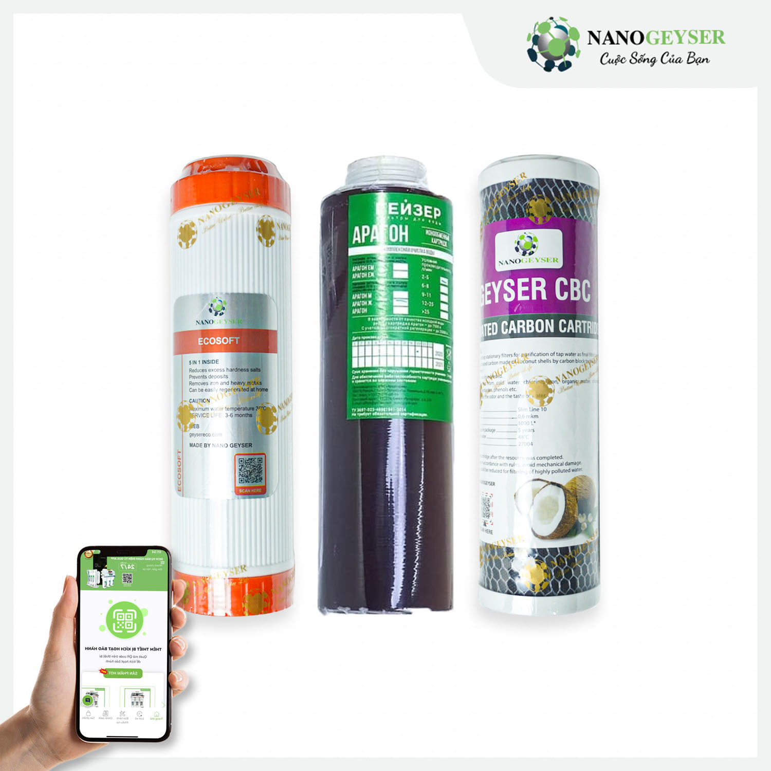 Bộ 3 lõi 123 máy lọc nước Nano Geyser Eco Max, Geyser Ecotar 5