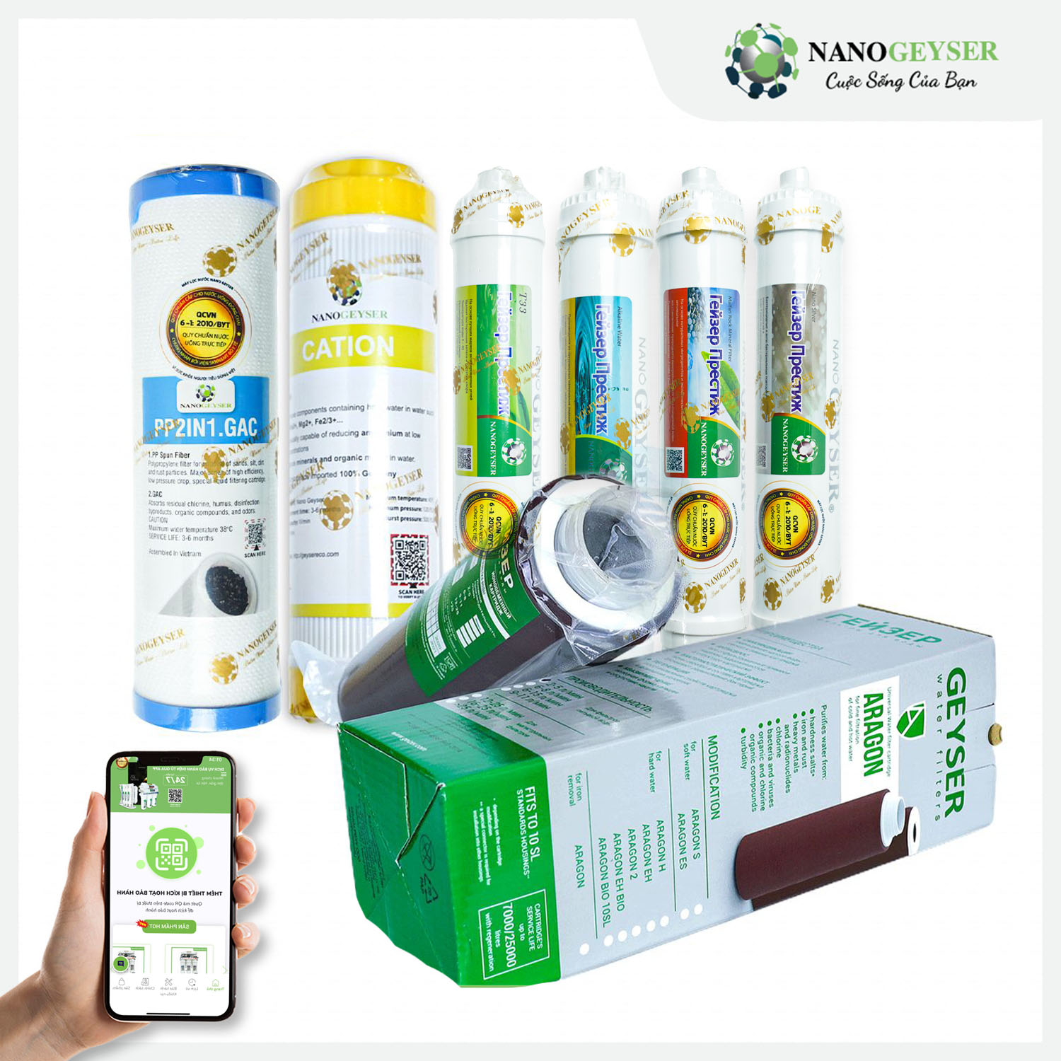 Combo lõi lọc PP2in1.GAC - Cation - Aragon - T33 - Maifan - Alkline - Nano silver