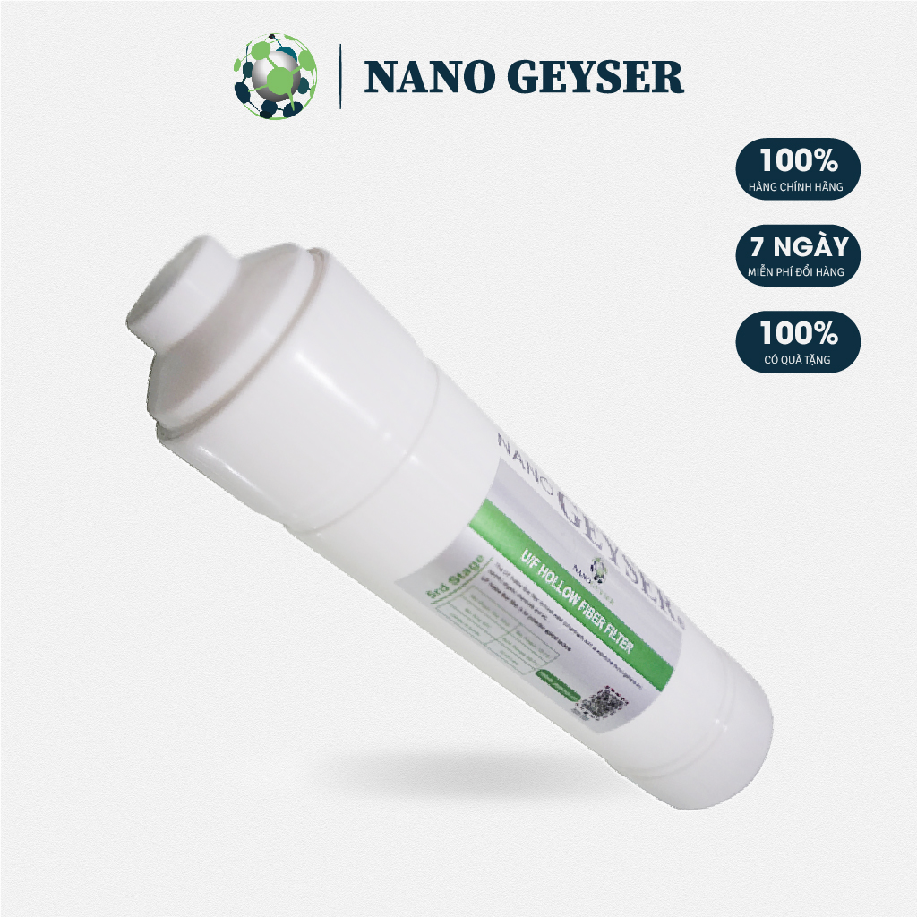Lõi U/F Hollow Fiber Filter Nano Geyser kích thước từ 0,1~0,001micron (µm) có thể lọc sạch các tạp chất có kích thước nhỏ hơn 0,001micron